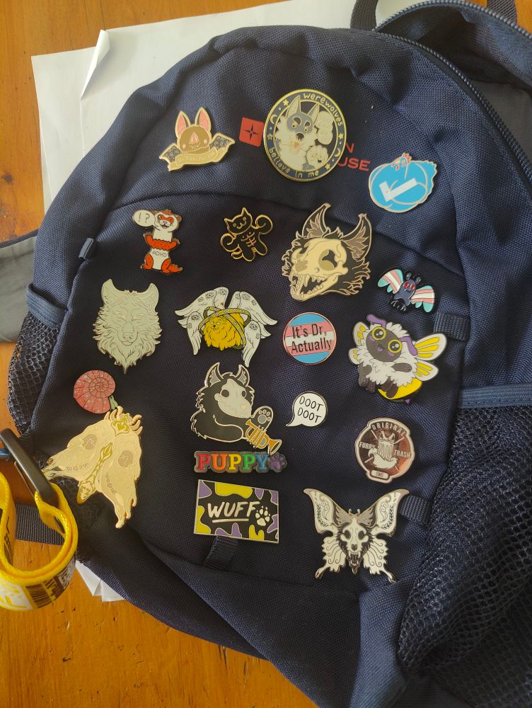 A small backpack covered in a variety of pin badges