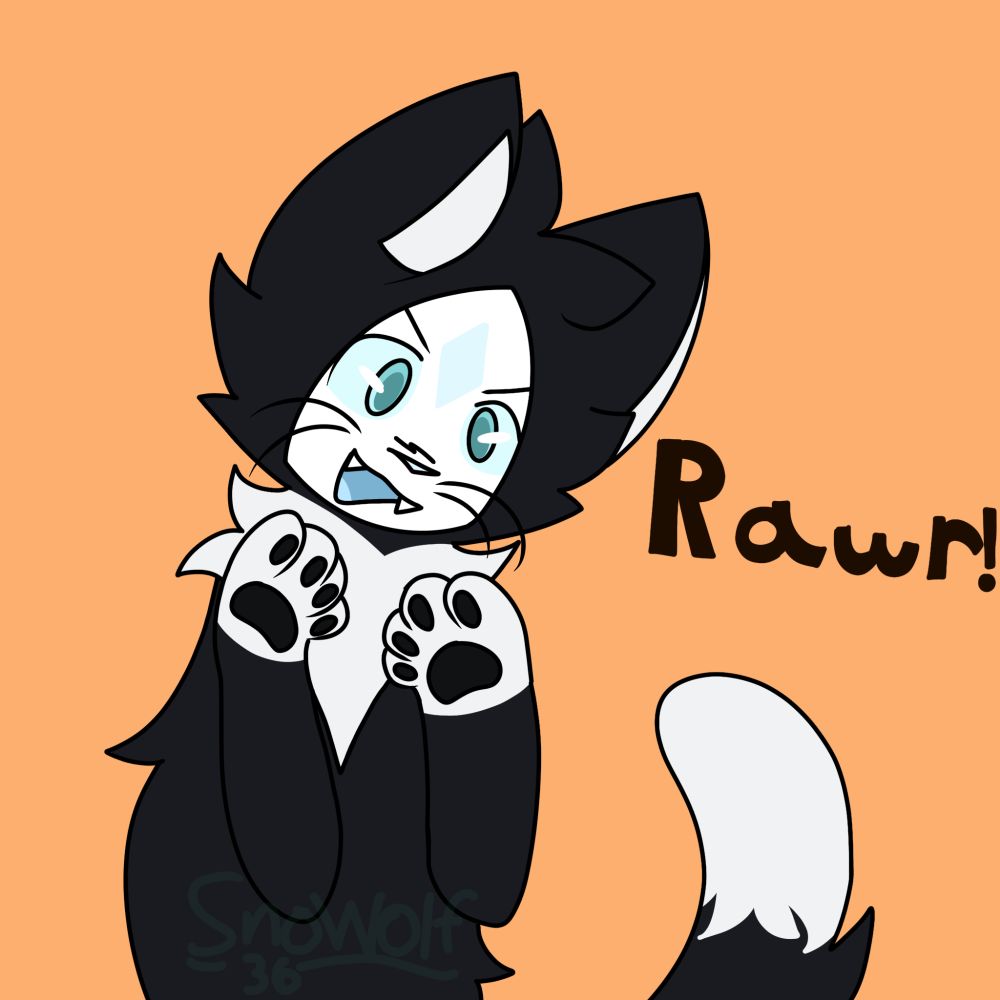 Snowy dressed as a tuxedo cat with the text "Rawr!"