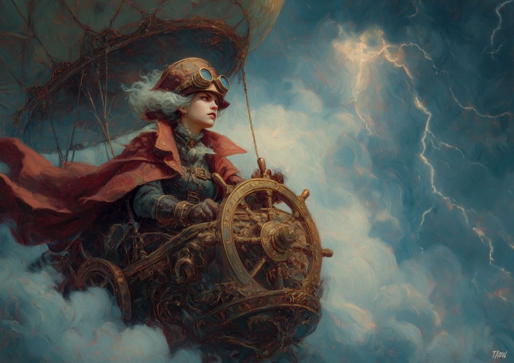 baroque pop art oil on canvas, a steampunk pirate queen at the helm of her airship, lightning forks through storm clouds above, her cloak whips in the wind, bold composition, strong visual flow --ar 7:5 --stylize 200 --v 7