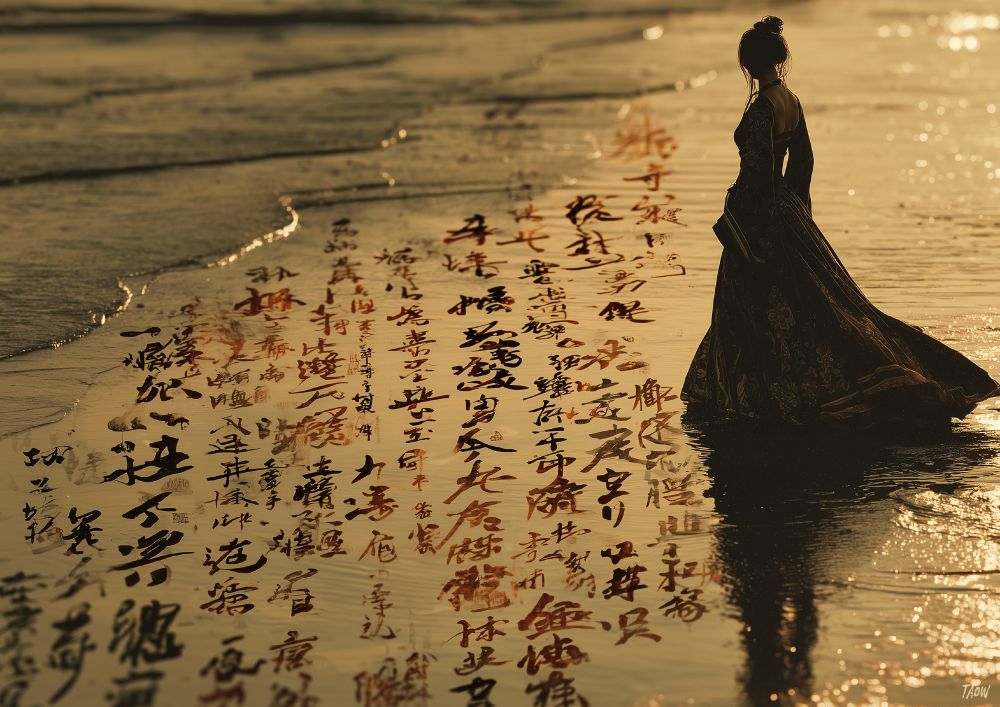 a courtesan in silhouette stands alone on a lakeshore, her robes billowing gently in the wind, golden Chinese calligraphy glimmers faintly across the surface of the still lake, echoing an Indian ink style, --ar 7:5 --stylize 400 --v 7
