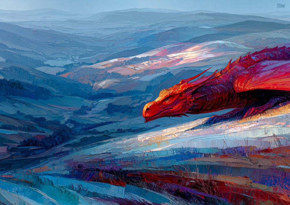 bright, contrasting colours and wild, expressive brushstrokes, a red-scaled medieval dragon, dark ancient ruins, a sweeping winter grassland, partially veiled by mist, abstracted rolling hills undulate outward in layered planes, dawn light, rhythmic bands of colour, strong visual flow --ar 7:5 --stylize 300 --v 7
