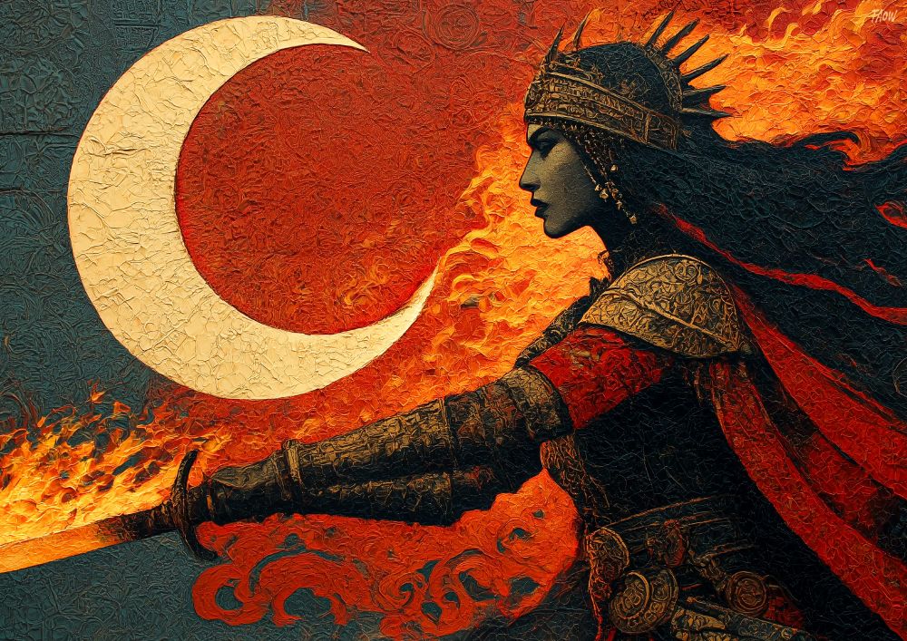 in the style of vintage sword and sorcery, textured acrylic on canvas, an Arabian warrior queen in battle stance beneath a glowing crescent moon, scimitar engulfed in flames, tenebrism, swirling shadows, gold and crimson highlights, strong visual flow --ar 7:5 --stylize 400 --v 7