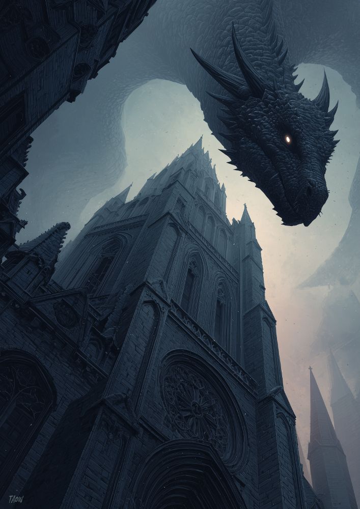 in the style of Gothic realism, detailed architectural forms, Gothic cathedral spire, fractured dark stonework, tattered banners stirring in the wind, a colossal black dragon, scales absorb the dim twilight, eyes of ember light, shrouded in drifting ash, subdued monochrome with faint violet undertones, chiaroscuro horrorcore, strong visual flow --ar 5:7 --stylize 400 --v 7