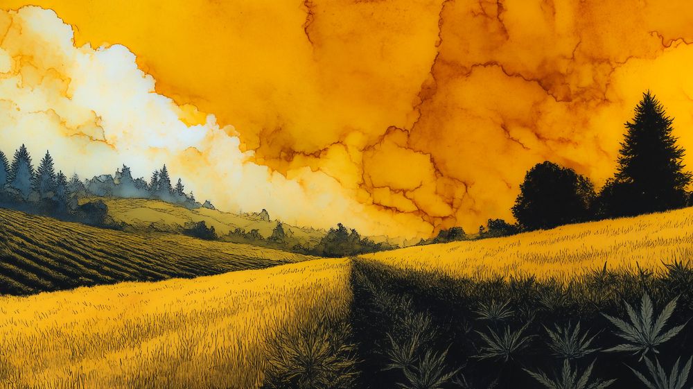 rough ink sketch, Lunar Lemon cannabis plantation landscape, dark yellow grass, dijon colour trees and dark saffron skies, colourful alcohol ink wash, strong visual flow --ar 16:9 --stylize 400 --v 7