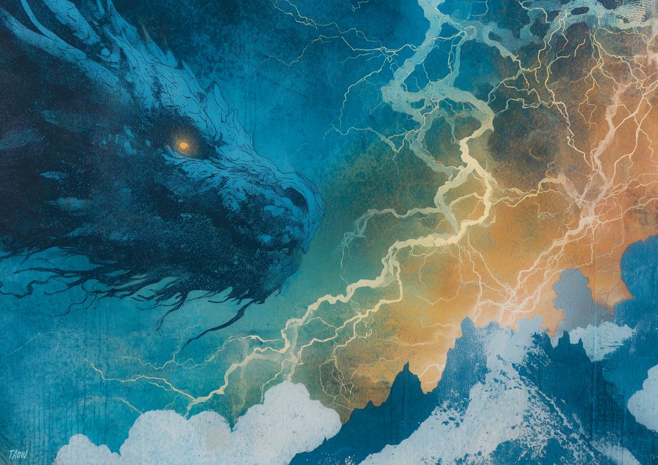 abstract plexiglass monotype print, a rampaging storm dragon with glowing eyes, riding lightning over silhouetted snowy peaks, vibrant lightning, Koryak runes overlay, sgraffito, strong visual flow --ar 7:5 --stylize 250 --v 7