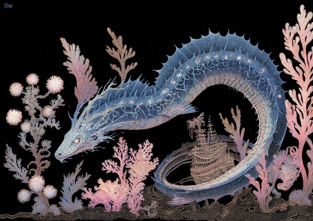dry-brush metallic watercolour on black paper, intricate detail, a serpentine dragon with bioluminescent coral growing along its spine, coiled around a shipwreck deep on the ocean floor, art nouveau, negative space --ar 7:5 --stylize 300 --v 7 --draft