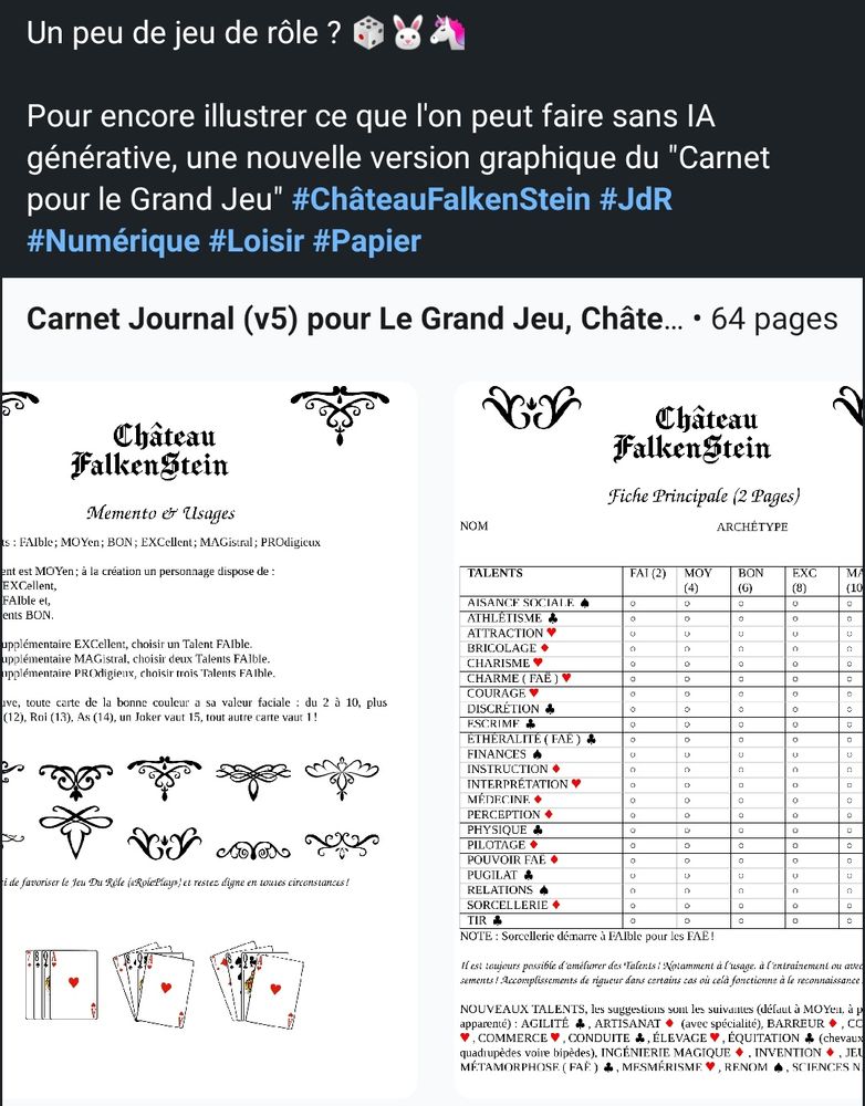Un peu de jeu de rôle ? 🎲🐰🦄 

Pour encore illustrer ce que l'on peut faire sans IA générative, une nouvelle version graphique du "Carnet pour le Grand Jeu" !

#ChâteauFalkenStein #JdR #Numérique #Loisir #Papier
https://www.linkedin.com/posts/gabriel-chandesris_carnet-journal-v5-pour-le-grand-jeu-ch%C3%A2teau-activity-7395416942322552832-EzR1