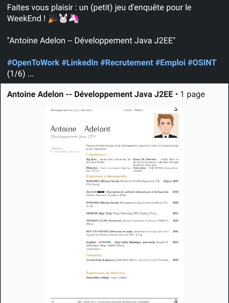 Faites vous plaisir : un (petit) jeu d'enquête pour le WeekEnd ! 🎉🐰🦄 
"Antoine Adelon -- Développement Java J2EE"
"Angela Benett -- DEV JAVA J2EE"
"Anna Carlsen -- Chargée de Ressources Humaines"
"Emmanuel Colin -- Développement Python"
"Alexandra Faure -- Développement Python et Java"
"Anne Legendre -- DEV PYTHON"
#OpenToWork #LinkedIn #Recrutement #Emploi #OSINT (0/6) ... https://www.linkedin.com/posts/gabriel-chandesris_opentowork-linkedin-recrutement-activity-7395088520387649536-vhAp