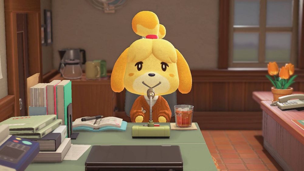 Isabelle from Animal Crossing is about to give announcements with the P.A. system at her desk.