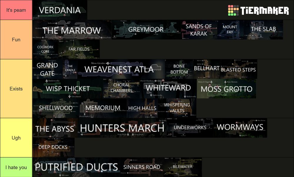 TierMaker tier list. Ranks areas from the game Hollow Knight: Silksong.
The ranks are "It's peam", "Fun", "Exists", "Ugh", and "I hate you".
