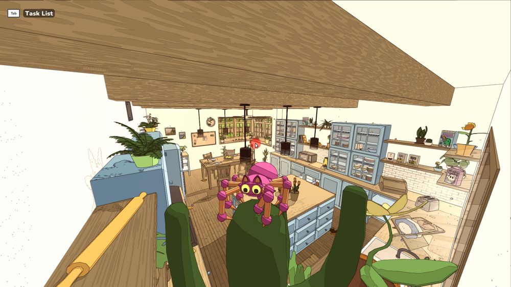 A spider with cat ears are sitting on a cactus overlooking a vast (for the spider) kitchen. 
