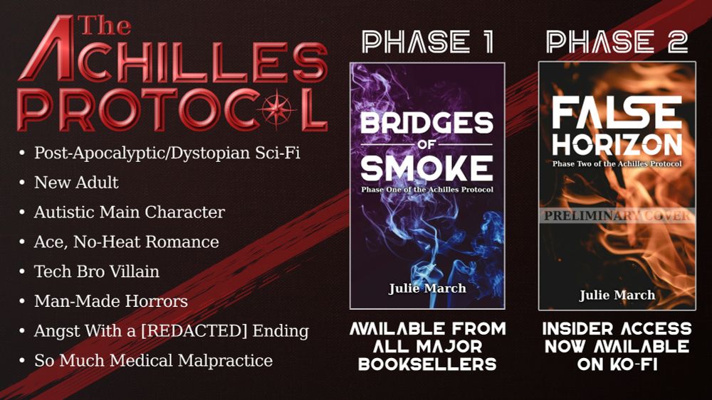 Graphic showing the logo for the Achilles Protocol series: red metal futuristic letters. The last "O" in "protocol" has been replaced with a compass style icon. White bulleted text below the logo reads: "post-apocalyptic/disstopian sci-fi. New adult. Autistic main character. Ace, no heat romance. Tech bro villain. Man-made horrors. Angst with a [redacted] ending. So much medical malpractice." On the right are the covers for Bridges of Smoke and False Horizon. Bridges of Smoke features blue and purple smoke texture with white futuristic lettering. False Horizon features orange flame texture with white lettering. White text beneath the Bridges of Smoke cover reads, "available from all major booksellers." White text beneath the False Horizon cover reads, "insider access now available on kofi." The background is black fabric texture with a diagonal swash.