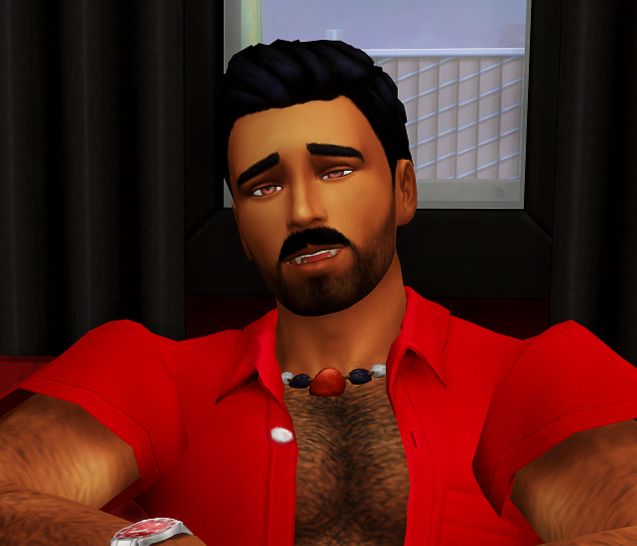 Stan shown from the head and shoulders up, his eyes half-lidded and his mouth slightly open to show his fangs.