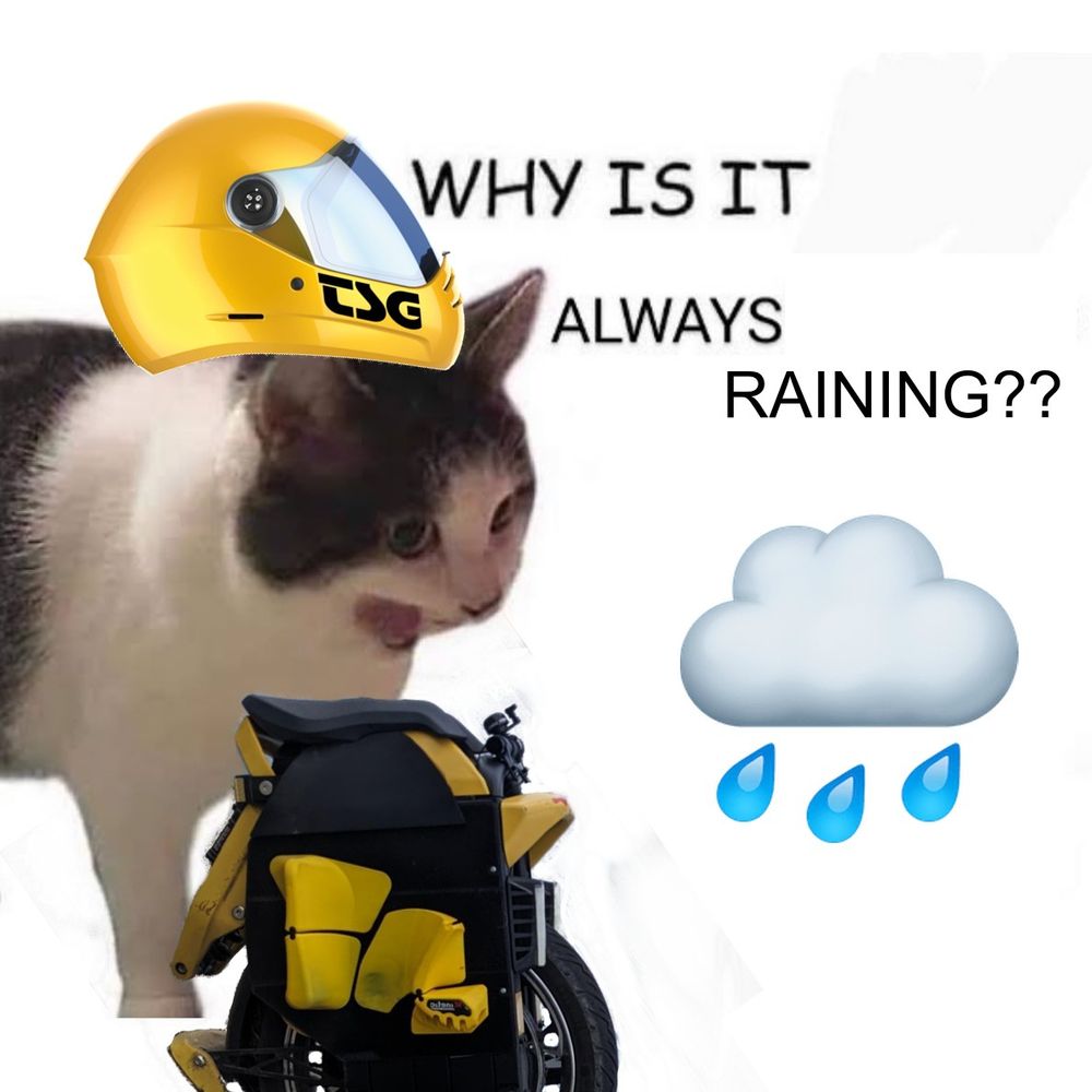 A cat wearing a yellow helmet and standing atop an electric unicycle, looking at a rain cloud and screaming "Why is it always raining?"