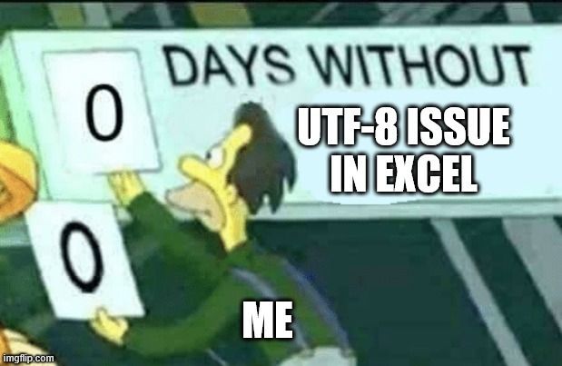 Lenny from The Simpsons placing a "0" on a sign reading "Days without UTF-8 issue in Excel"