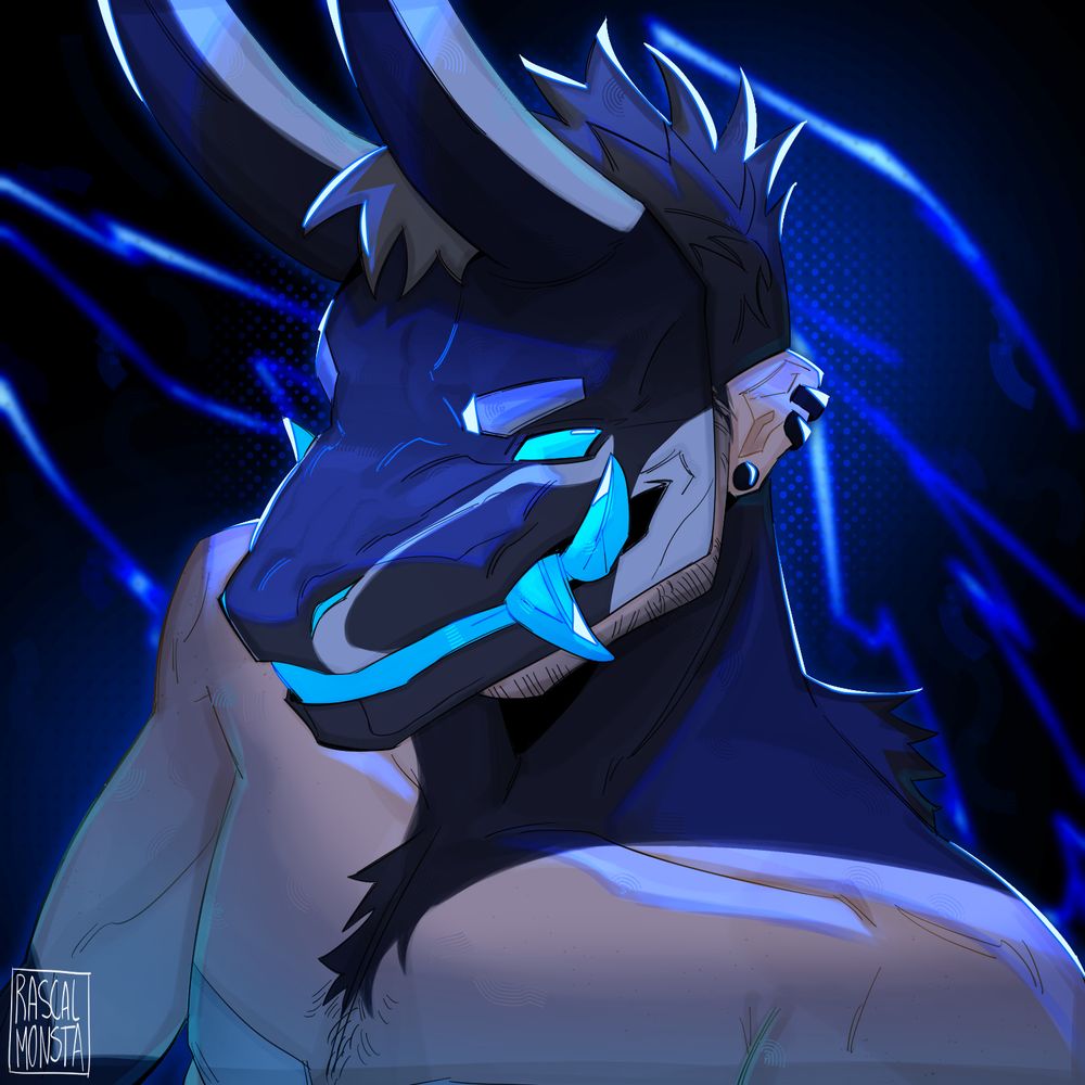 Character shown: Gray

With deep blue overlays, and lightning in the back. The dramatic lighting sits overhead, lighting up Gray's face and upper body. His mask has a very confident smile, with two fangs standing out- very simple perspective concentrating on the face.