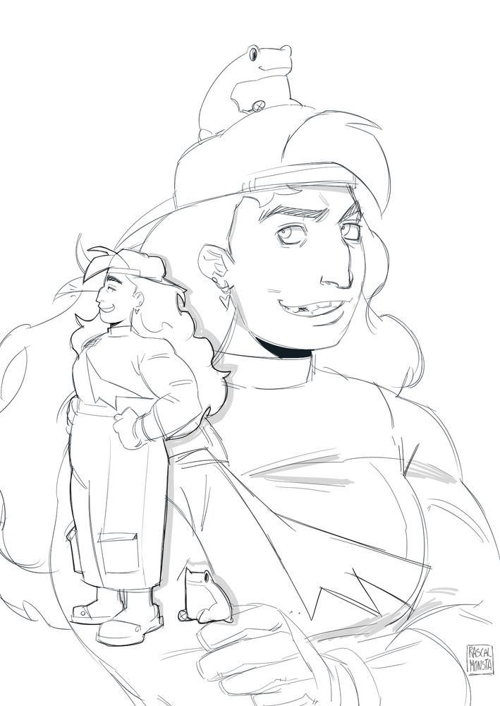 Character: Frankie from Knights of Guinevere

Background: Frankie is happily looking upwards, as Boombox sits on her head. She holds her right arm comfortably.

Foreground: Fullbody sketch of Frankie exclaiming, her hands rest on each side of her body. She looks down on her frog.