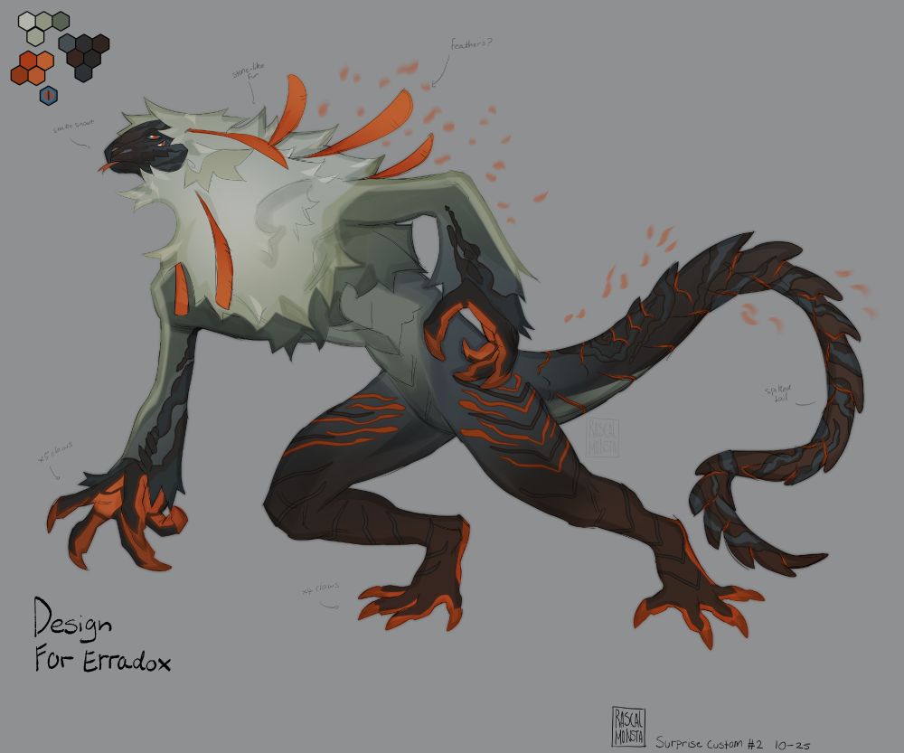 Character belongs to Erradox

A monster design inspired by stone and fire-like colours, also a good hint of snake. Tail is spiked and curls back, has large claws and four eyes. Long feather-like spikes sway out of fur.