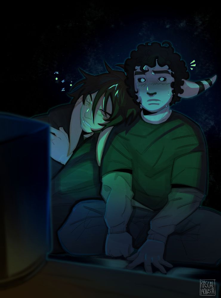 Characters shown: Zac and Aaron

After getting Zac's tv working, the both sat down to watch. The illustration has Aaron awkwardly trying not to shuffle, with a shocked and nervous expression on his face. Zac seemed to have fallen asleep on his shoulder, hugging the blanket with a relaxed expression.