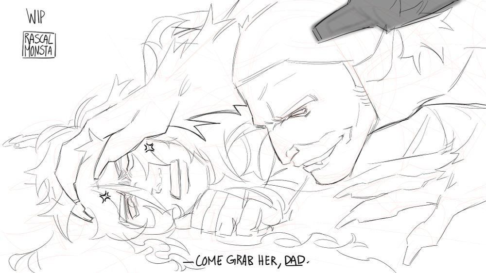 Characters shown: Cora and Eli

Eli is mostly transformed, only mostly using half his power. He's standing on the side of Cora's body, weirdly bending over, he's grasping Cora's head and pushing it into the ground. His other hand holds the camera, with his thumb slightly covering the lens. A sly and nasty smile is spread across his face, his ears are bent back in an aggressive position.

Cora is angry, bloodied and her eye/side of face bruised. Their hair is a mess and they seem to be trying to push against Eli's claws. Her hand is curled into a fist next to her face.