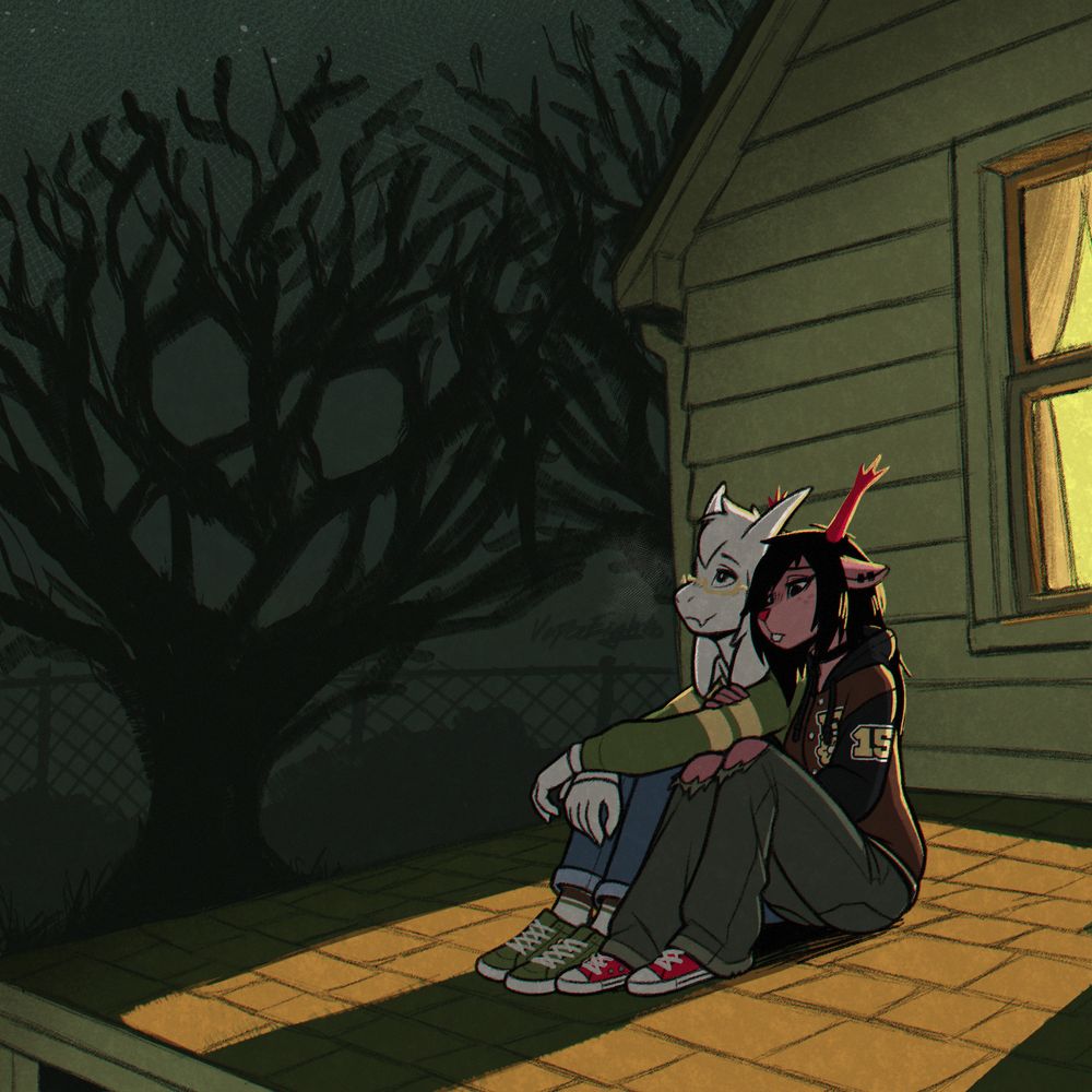 🎱☁️ Asriel Dreemurr and December Holiday star gazing on the roof of a house together. Asriel is looking up to the stars while Dess looks down with worry on her face. She's wearing his jacket with an arm wrapped around his. A familiar smile looms over them from the trees.