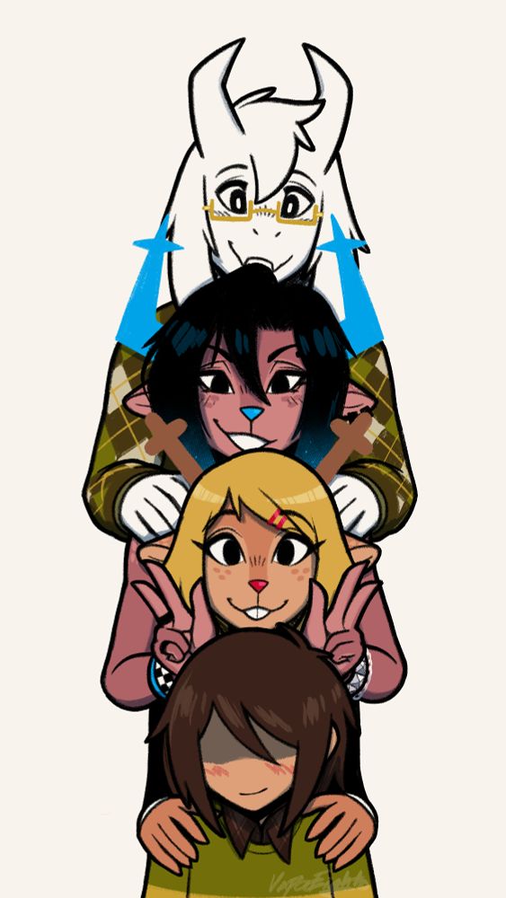 🎱☁️ Asriel Dreemurr, Dess Holiday, Noelle Holiday, and Kris Dreemurr all with their chins stacked on top of each other. Dess has her hands up behind Kris's head to mimic them having horns/antlers