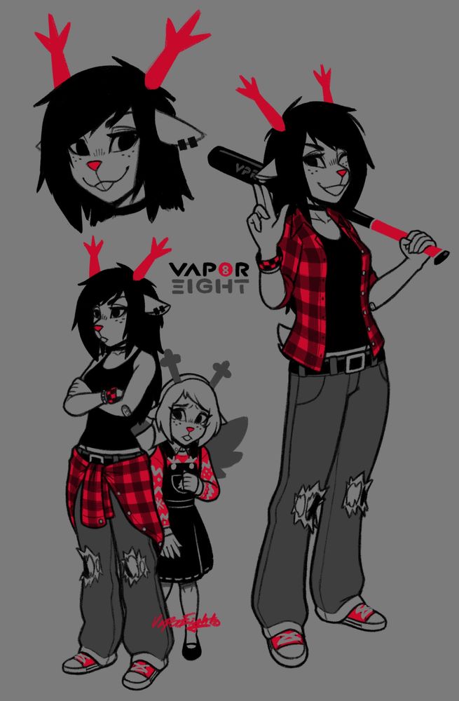 🎱☁️ My take on Dess Holiday with a younger Noelle hiding behind her in the bottom left drawing. Imagine your emo girl neighbor, but she'd beat your ass with a wiffle ball bat if you said something mean to her little sister. That's my Dess design. Im like so sorry. I really dont know how to write good alt texts. So here's a tiny headcanon detail as an apology: Theirs another bracelet on her right wrist above the red and black one. It's actually a beaded friendship bracelet given to her from Asriel from when they were younger because she's cool af like that. She canonically has pictures of Nolle and Kris on her wall. So I'd imagine she'd still keep stuff like that.