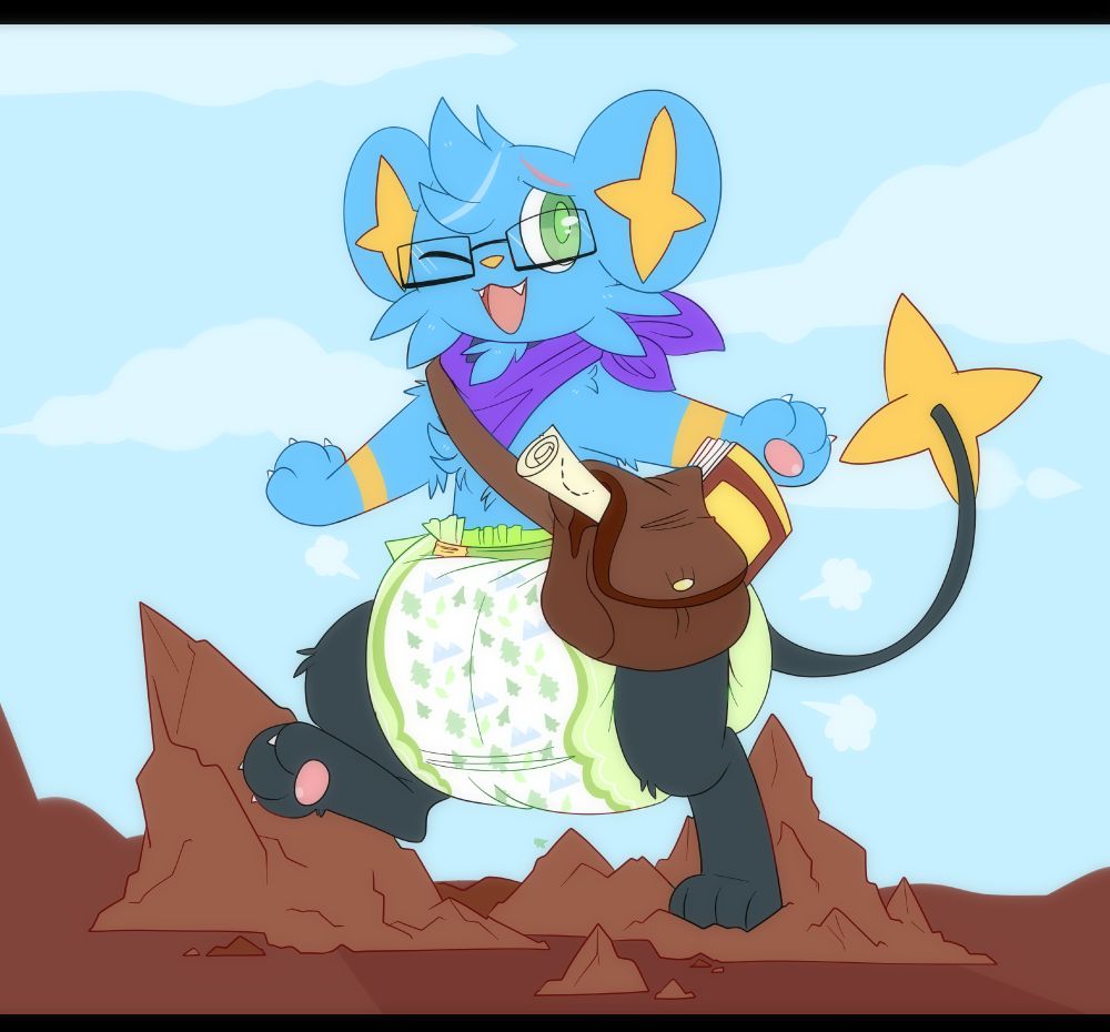 A bipedal Shinx wearing glasses, a purple scarf, nature themed padding, and carrying an explorer's bag climbs over some sharp rocks on his way to the top of a mountain. 