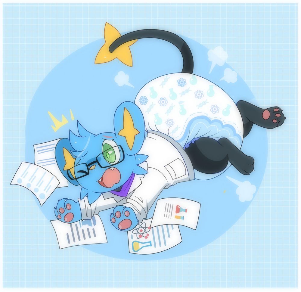 A nerdy scientist Shinx is in a rush and starts to run, breaking his lab’s safety rules. His padded work attire makes him stumble, causing his papers to scatter as he tries to catch himself. 

(Artwork by jupiters on Furaffinity, Patreon, Twitter/X)
