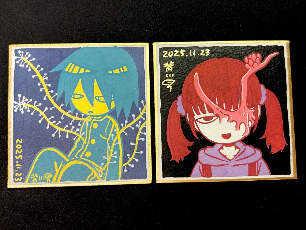 ミニ色紙にCOPIC acreaで描かれたイラスト2点。デフォルメされた人物の身体から冬虫夏草のようなものが生えているイラスト。