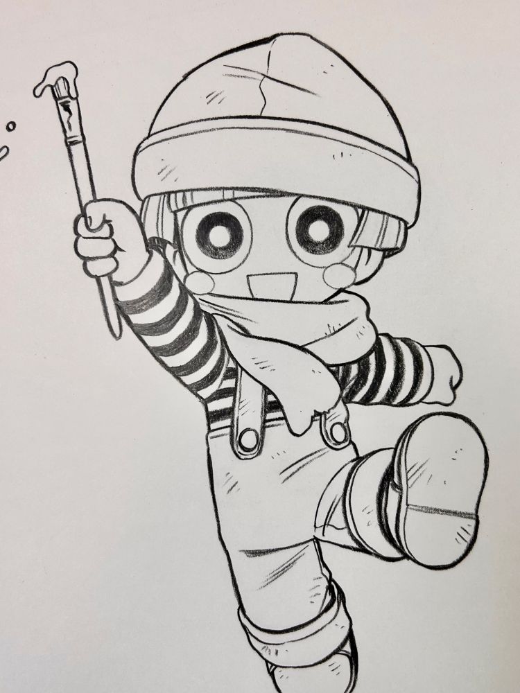 黒い色鉛筆で描かれた『どく・どく・もり・もり』のワライタケのイラスト
