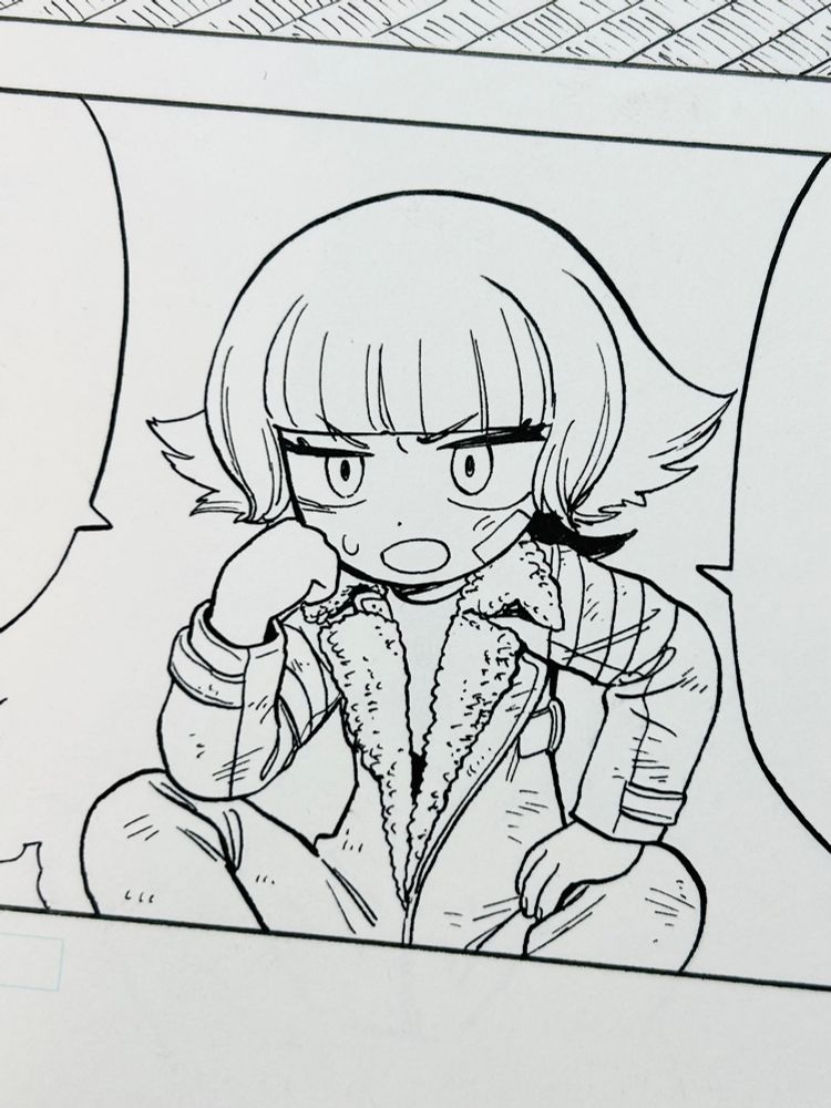 どくもり22話線画原稿。訝しげな表情で頬杖をついているソラ