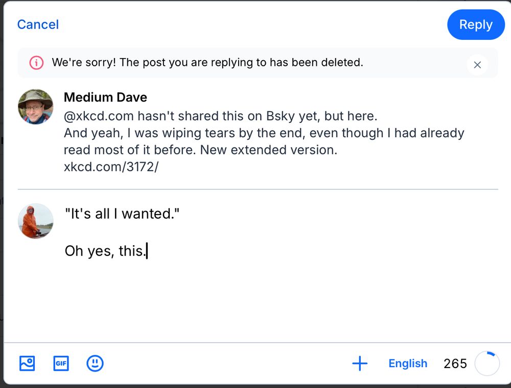 The main point of attention is YET AGAIN the system message says, "We're sorry! The post you are replying to has been deleted."

No, it wasn't.