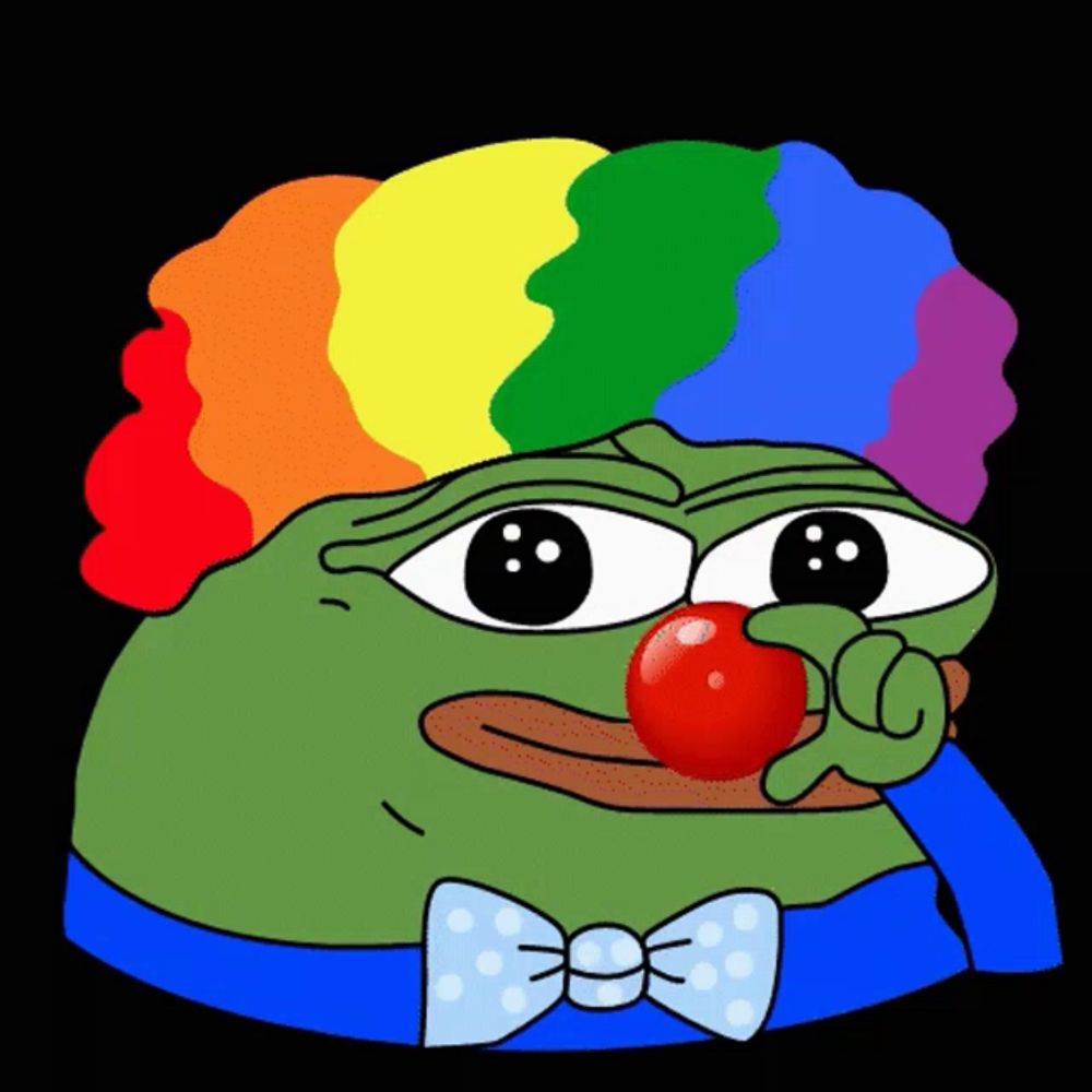 a green frog wearing a rainbow wig and a blue bow tie is holding a red clown nose