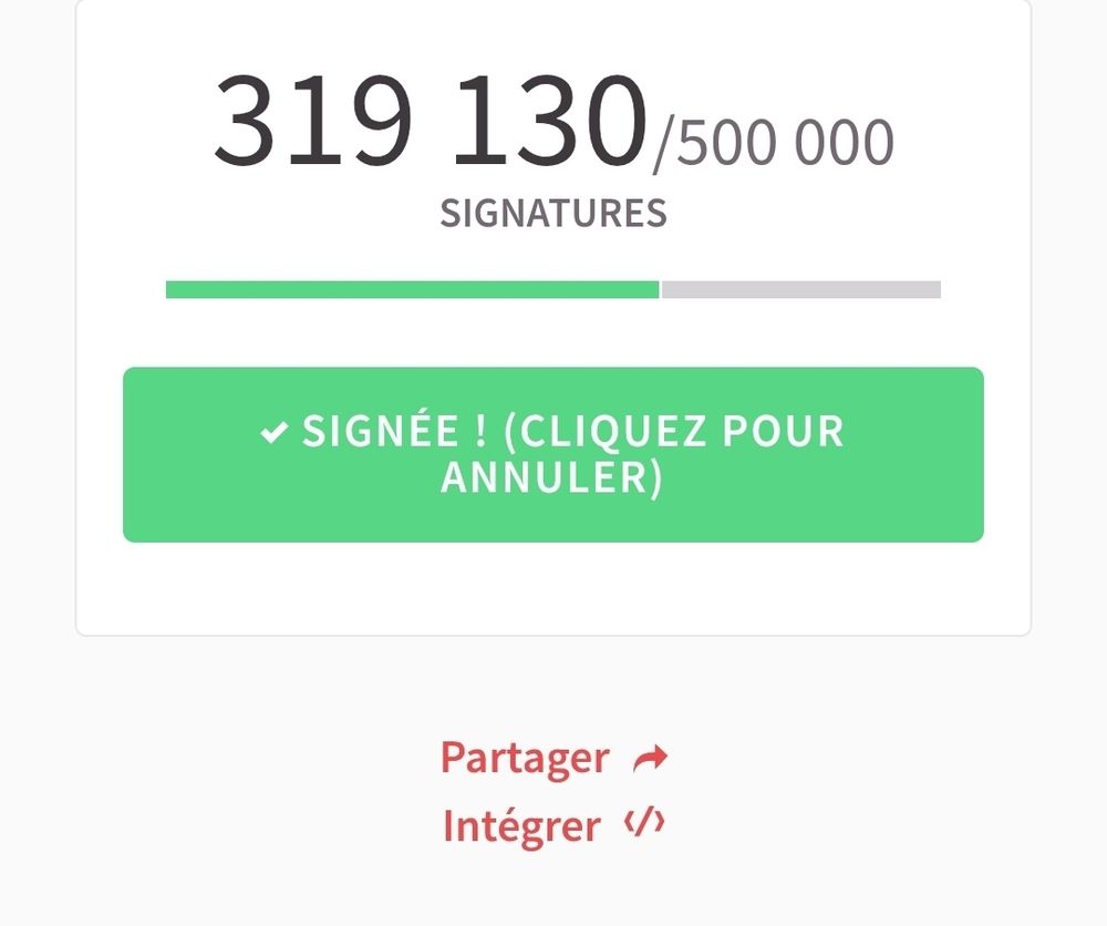 Un indicateur a 319 130 signatures obtenues sur les 500 000 demandées.