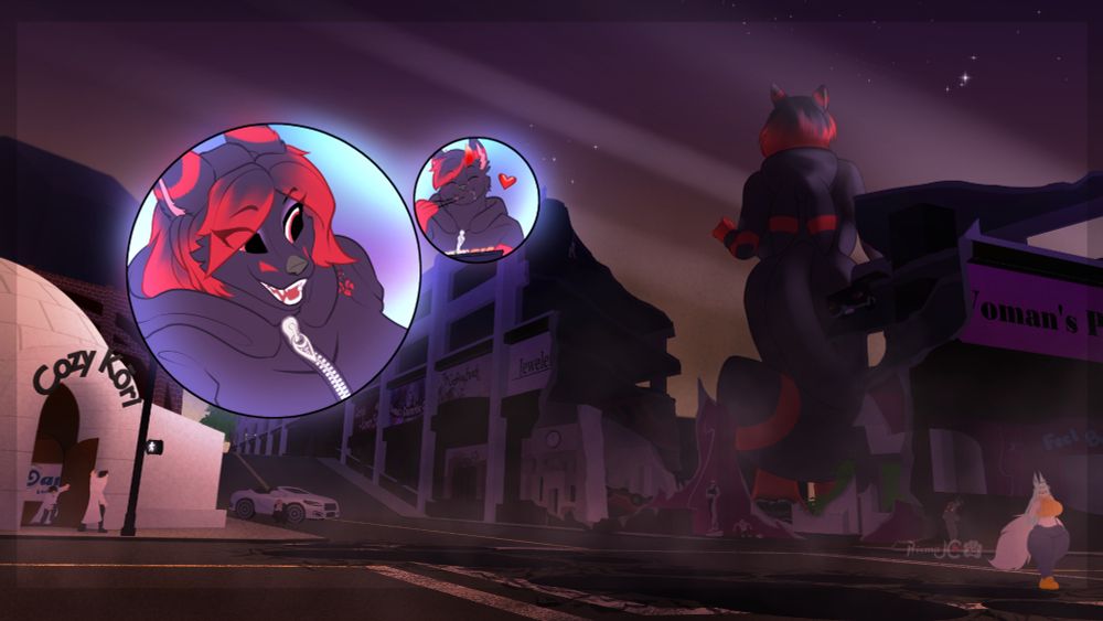Ruby and Blitz make a quick stop by a plaza's sushi restaurant that goes by the name "Cozy Kōri."

   Once they've acquired Blitz's sushi, Ruby him up and takes him on a stroll through the rest of the plaza! ...Course, some of the other local businesses were rather inconvenienced by Ruby's stride, but that's just how the cookie crumbles sometimes.