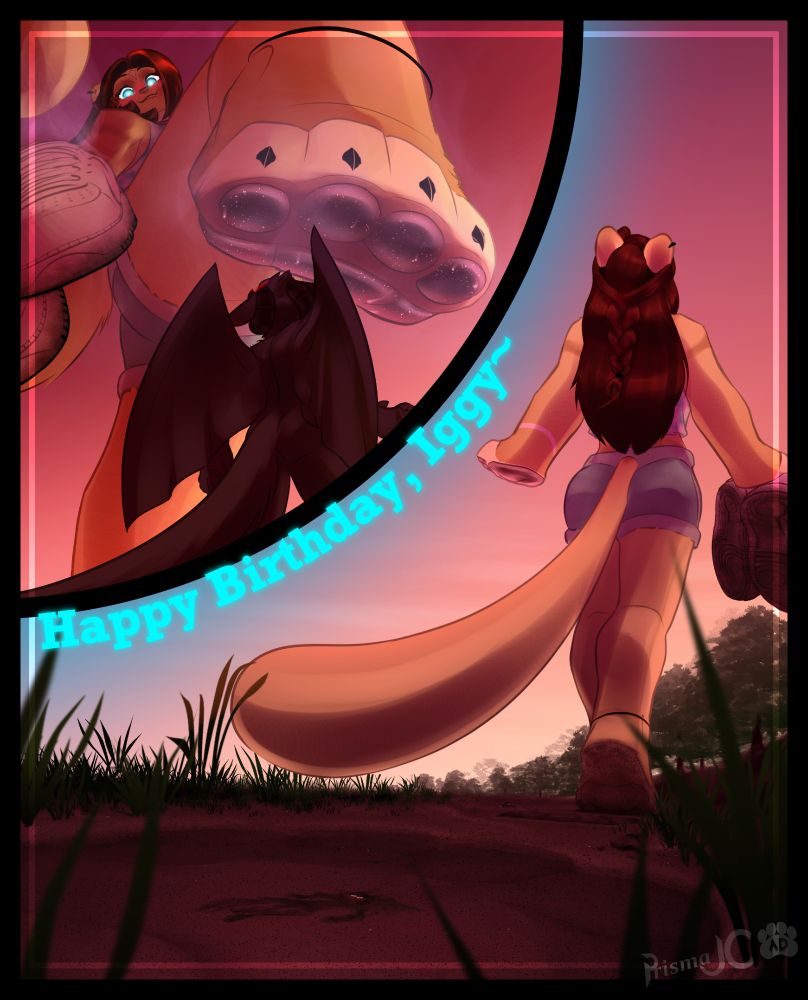    Prisma shrinks Ignis down several sizes near the end of his birthday, and excitedly takes off her AF1s to gift a plump, steamy stomp into the soft dirt beneath them.

   With her AF1s still in hand, she contently walks away, wishing Ignis a happy birthday whilst leaving a trail of wide foot prints behind her. Iggy, of course, is completely flattened in the first of these prints, aaand likely isn't getting out any time soon...

Despite his newfound circumstances, though, he is still ABSOLUTELY flustered about what just transpired~