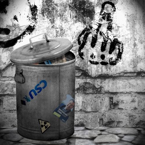 A GIF showing a piece of wood with the letters "CSU" being thrown in to a wastebin.