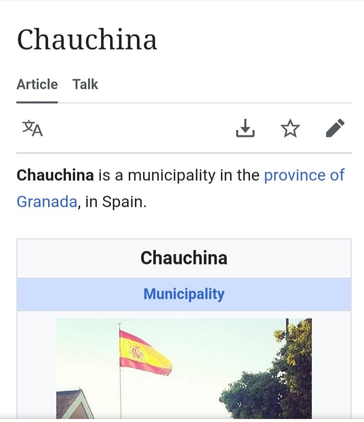 A screenshot of the Wikipedia page for Chauchina, a municipality in the province of Granada in Spain