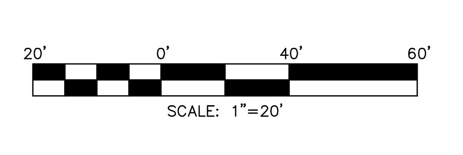 scale symbol showing 20' - 0' - 40' - 60' where all the segments are of equal length. "SCALE: 1"=2'" is below the scale.