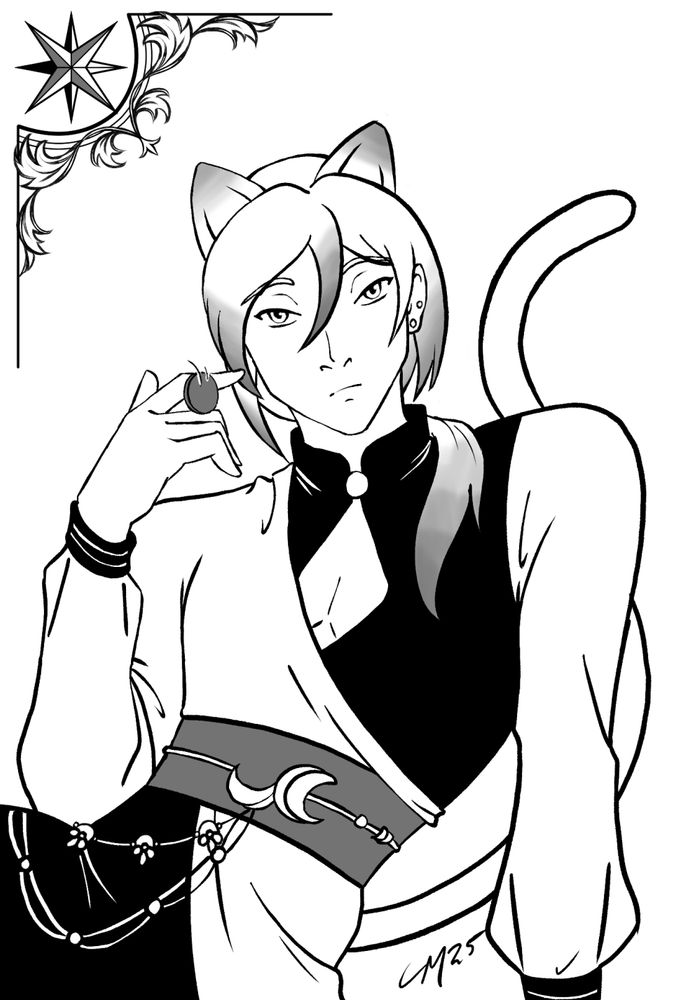A cat boy twirls a coin over his fingers while staring calmly at the viewer