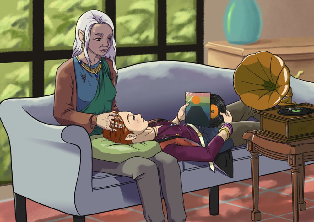 Half elf Rein laying with his head on Channa’s lap as she combs her fingers through his hair. He is pulling a record from its case while a gramophone sits in the foreground.
