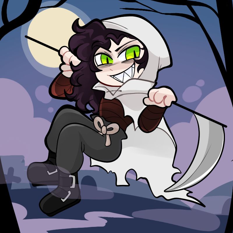 chibi style of a humanoid male character with long wavy/ messy hair. He looks towards the viewer with a pointy, mischievous grin, and holds his scythe across his shoulders. Background is a graveyard in a purple color-scheme.