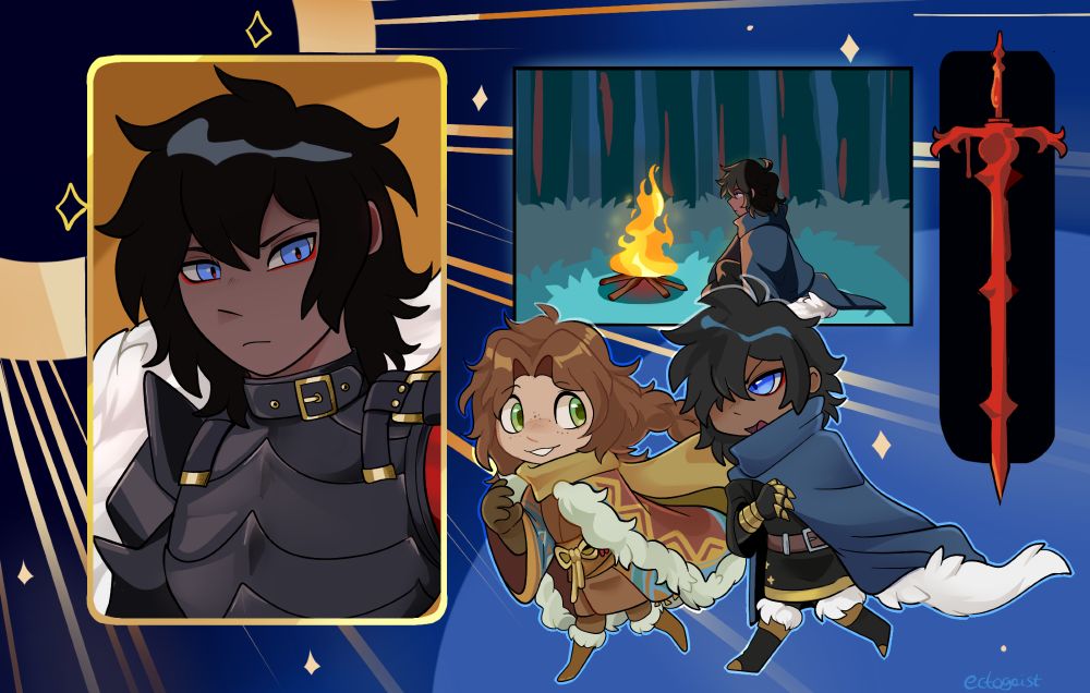 Art piece depicted several different smaller pieces of art primarily featuring a knight character with dark hair and blue eyes with a white-furred tail. He is joined by a brown haired companion wearing a decorative cloak and scarf in the chibi drawing. 