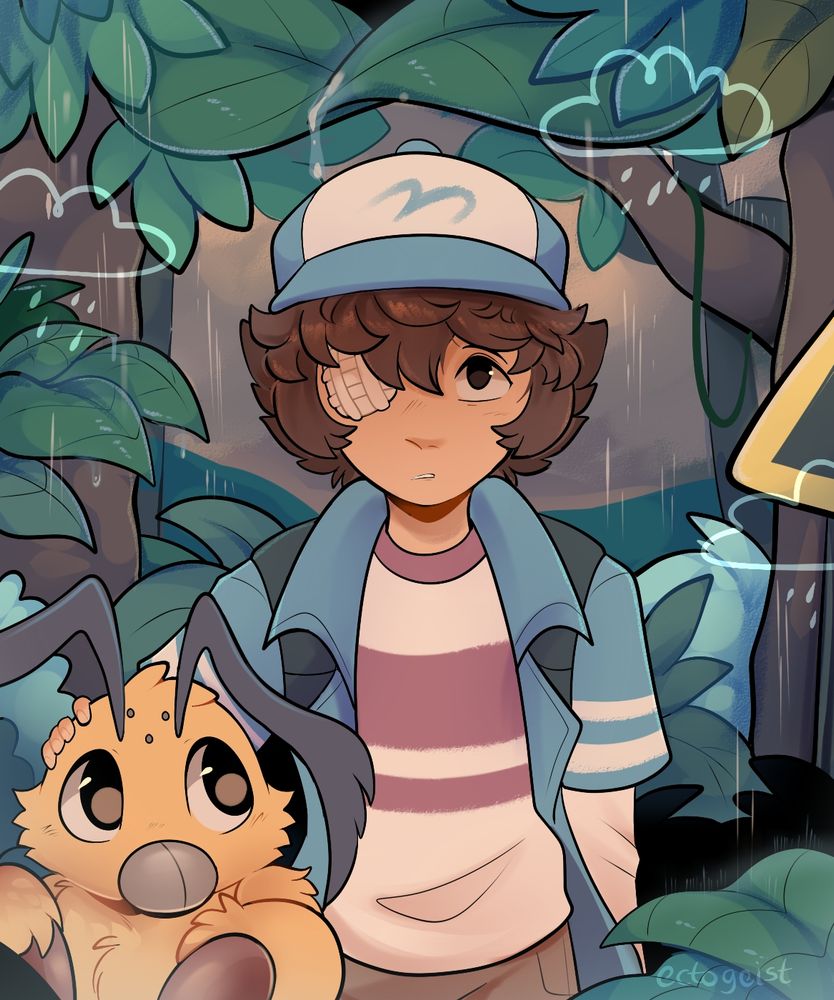 A human tamer and his Digimon Fanbeemon in a forest in the Digital World. The both of them are caught in the rain. Haruto, the human, rests a hand on his Fanbeemon friend who looks up and him pleasantly. 