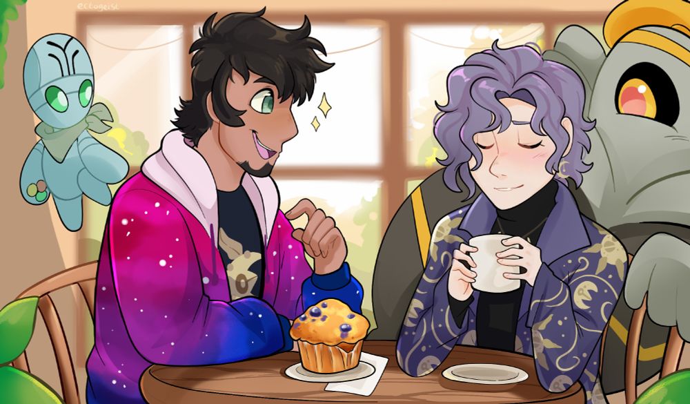 A couple sit at a table in a cafe along with their Pokemon. 