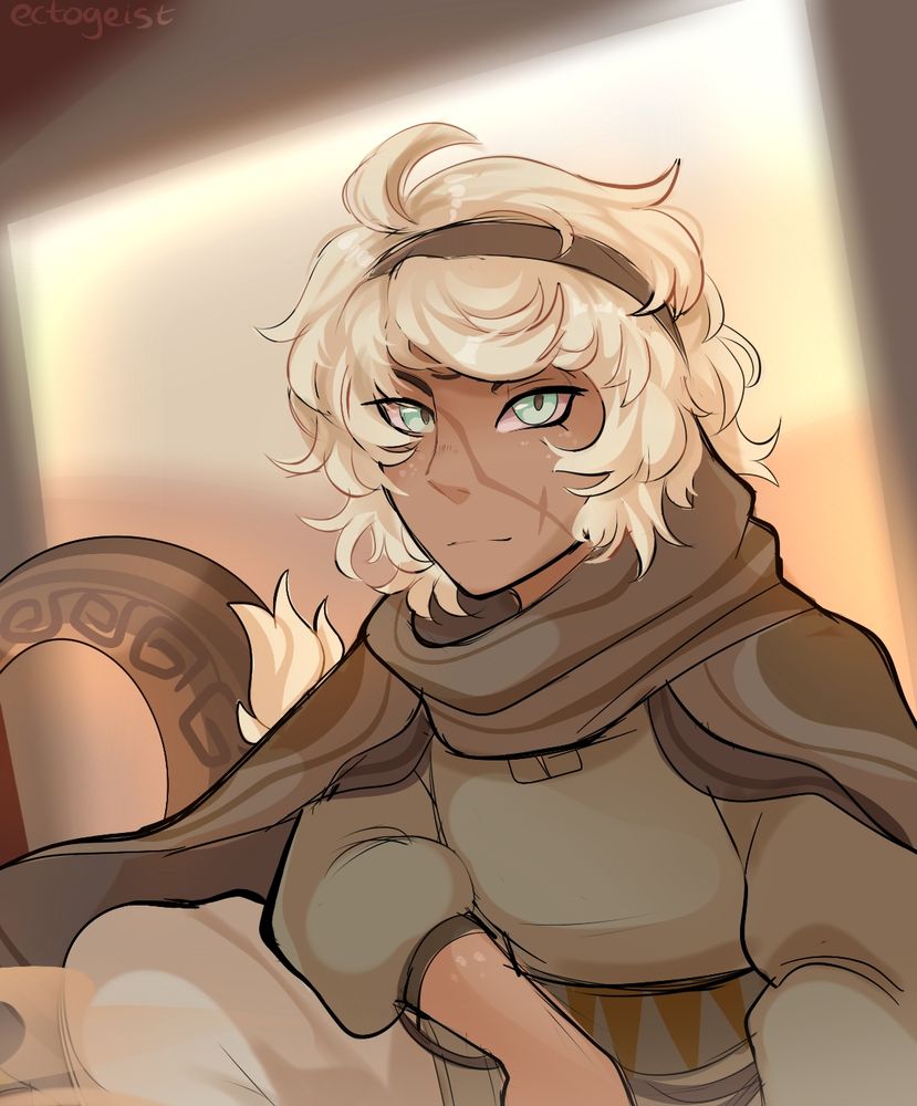 sketch style digital art piece featuring a humanoid male with a draconic tail that can be seen just behind him. He has pale green eyes with reddish sclera, and a scar running across his face. His hair is sandy blond and wispy as if tousled by the wind. The background is a blurred view of sand dunes, with some structure on the edges, likely providing some amount of shade to the subject of the piece. 