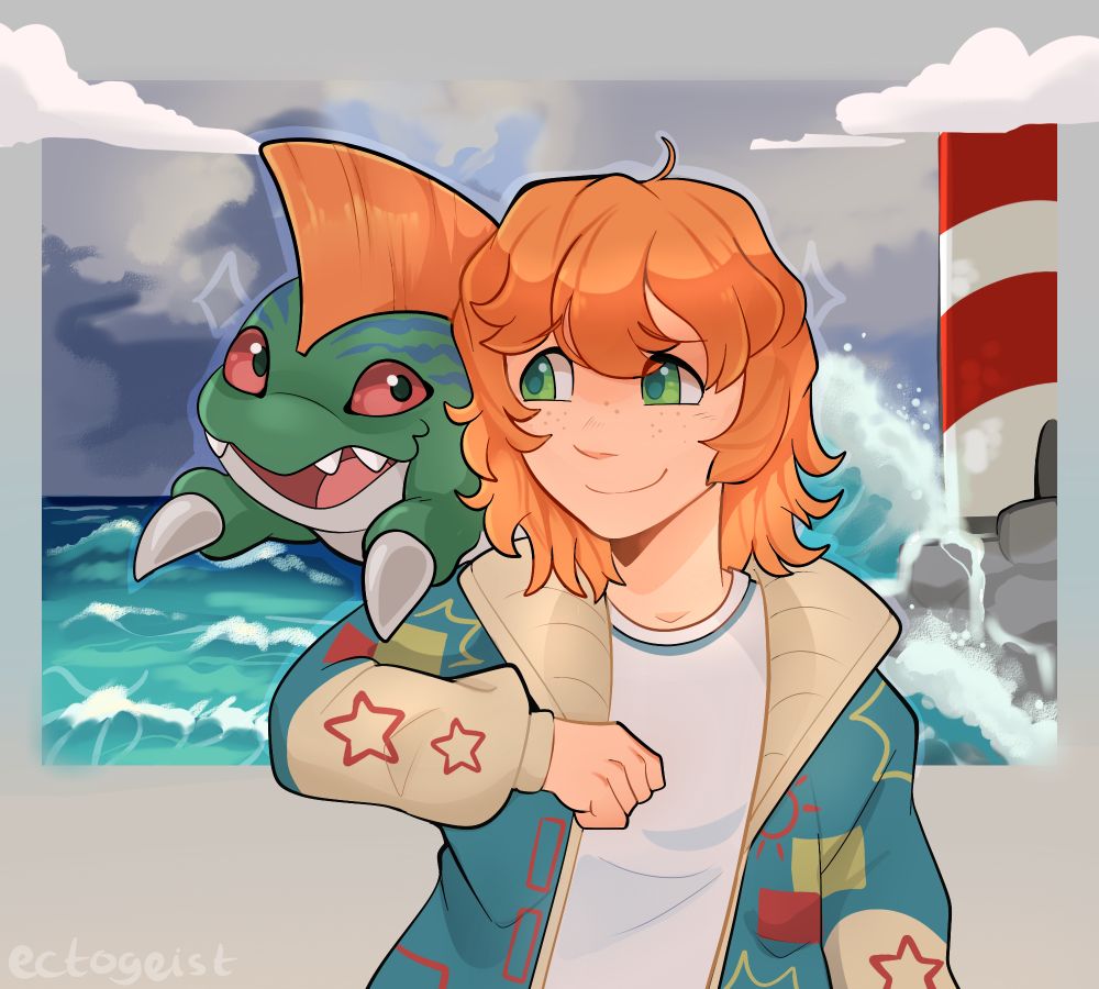 A ginger-haired Digimon Tamer with his Betamon on a backdrop of a coastal sea. Waves crash against a rocky cliffside with a lighthouse perched atop it. Betamon looks enthusiastic and happy, the human, Theo, looks happy, if not a little nervous. 