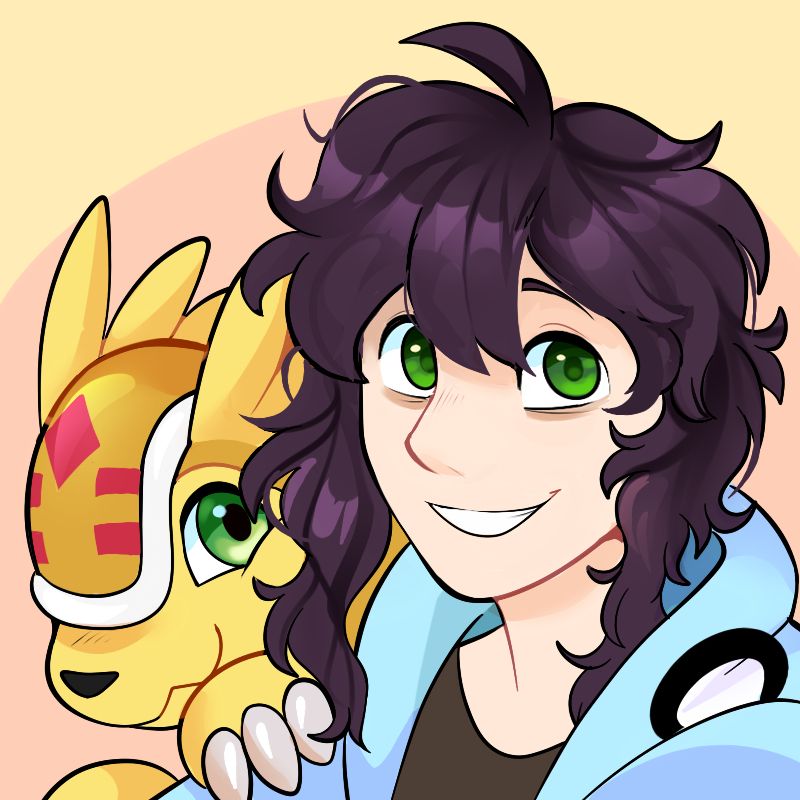 Digital art piece of my OC Crom and his Digimon partner Armadimon/ Armadillomon. Crom is a pale skinned human male with green eyes, and messy purple-ish black hair. He wears a pale blue hoodie and looks towards the viewer with a happy smile. 