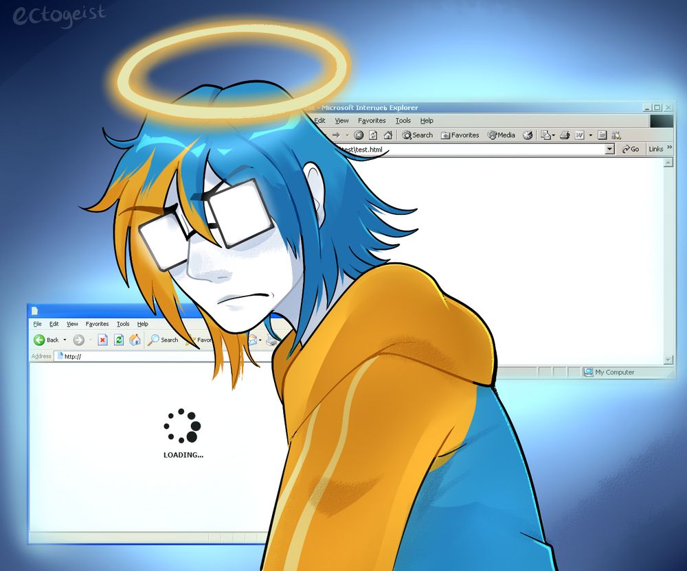 digital art piece featuring a humanoid in a blue and orange hoodie. He wears a scowl and looks at the viewer from behind glasses with a heavy reflection. He also has blue and orange hair and a halo over his head. Behind the character are Internet windows loading very slowly.